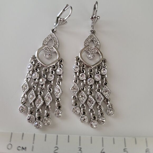 Earrings 𝅺Crystal Silver Tone Sparkly Chandelier Earrings #0347 - Picture 12 of 14